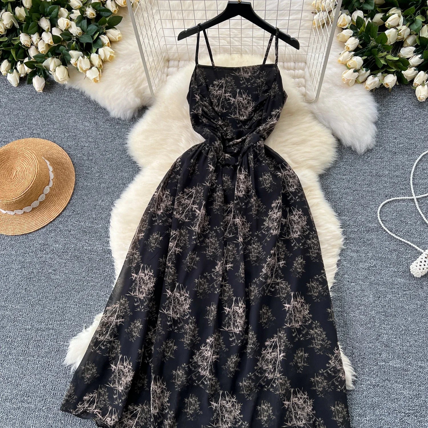 New Korean Fashion Rose Flower Print Romantic Retro Party Dress Summer Elastic High Waist Vacation Long Dress Beach Vestido