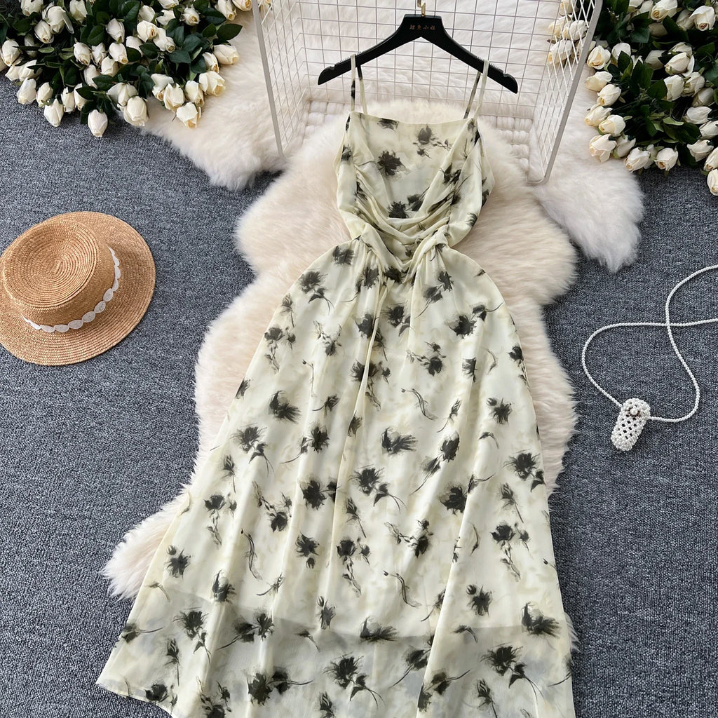 New Korean Fashion Rose Flower Print Romantic Retro Party Dress Summer Elastic High Waist Vacation Long Dress Beach Vestido