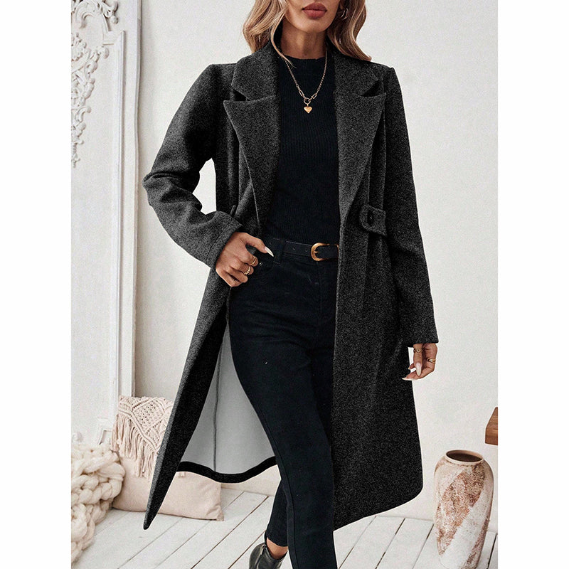 Women's Notch Lapel Trench Coat, Single Breasted Mid-Long Casual Formal Outerwear For Fall Winter
