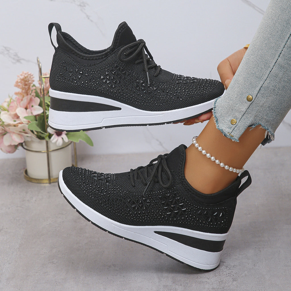 Ins Rhinestone Sneakers Fashion Lace Up Wedges Casual Shoes Women's Daily Commuting Sports Shoes