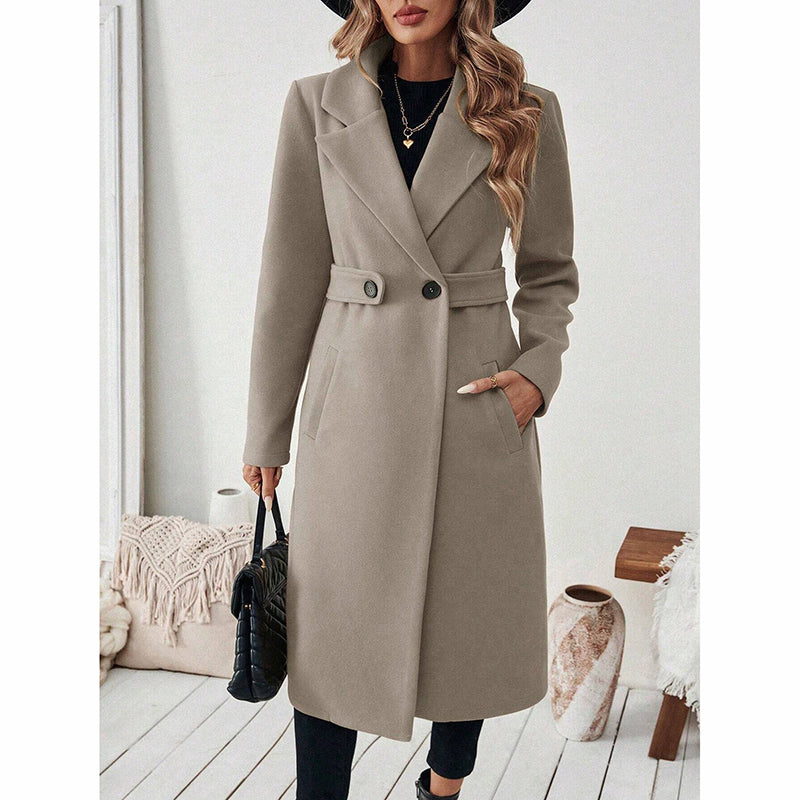 Women's Notch Lapel Trench Coat, Single Breasted Mid-Long Casual Formal Outerwear For Fall Winter